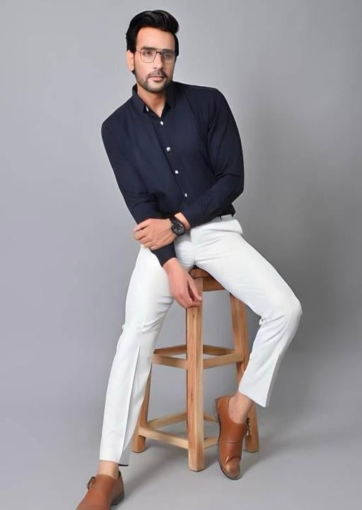 Men Regular Cotton White Pant