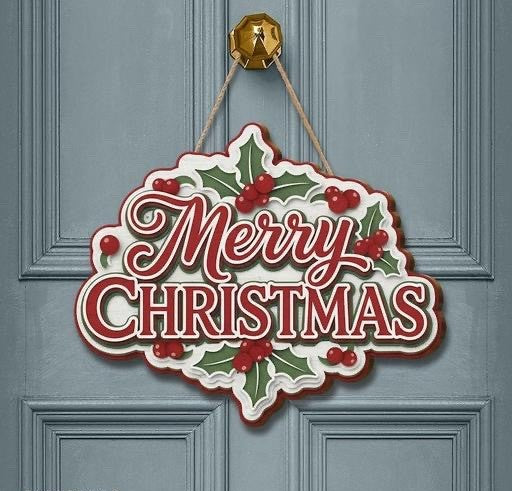 Premium 3D-Effect Holly 'Merry Christmas' Wooden Hanging Plaque