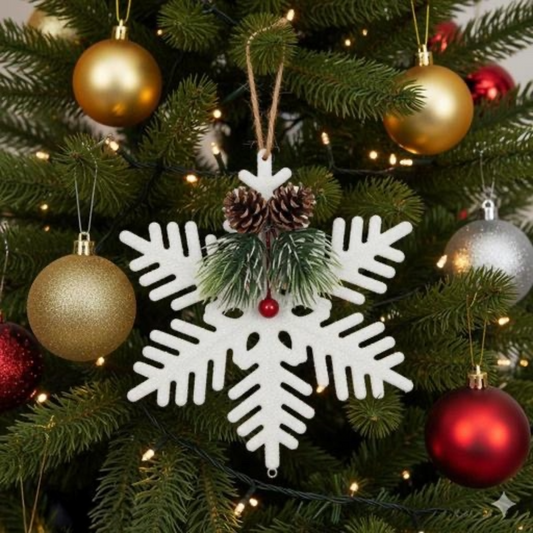 Glittered Snowflake Ornament with Pinecone and Berry Accents