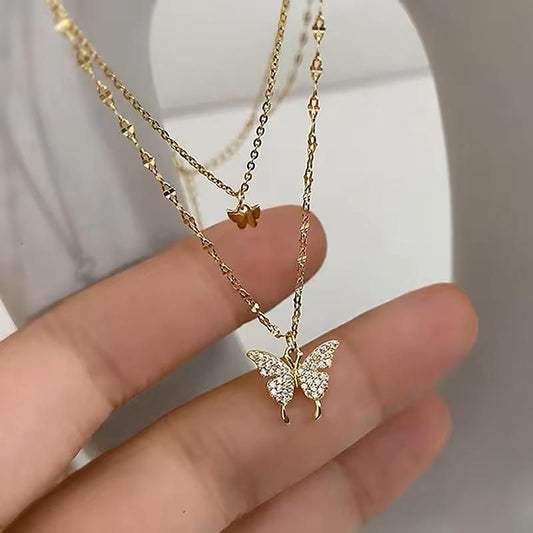 Double Layer Clavicle Chain Necklace Jewelry Zircon Butterfly Pendant Necklace