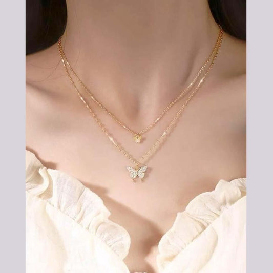 Double Layer Clavicle Chain Necklace Jewelry Zircon Butterfly Pendant Necklace
